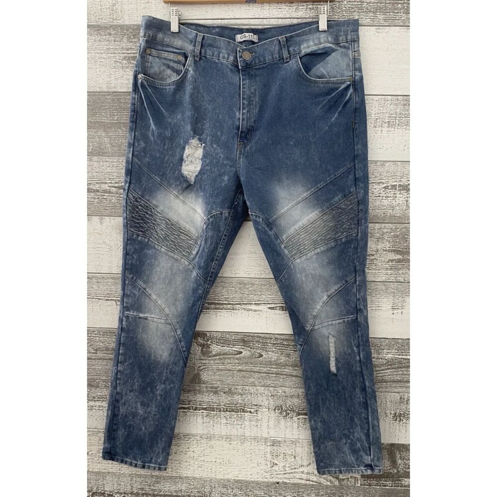 GS-115 Jeans Men's 42 ( Fit 39x30) Distressed Bleach Biker Splatter Moto Style